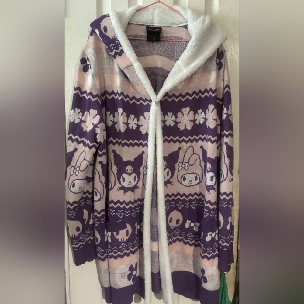 Sanrio Purple and Light Pink Hooded Plush-Trim Cardigan